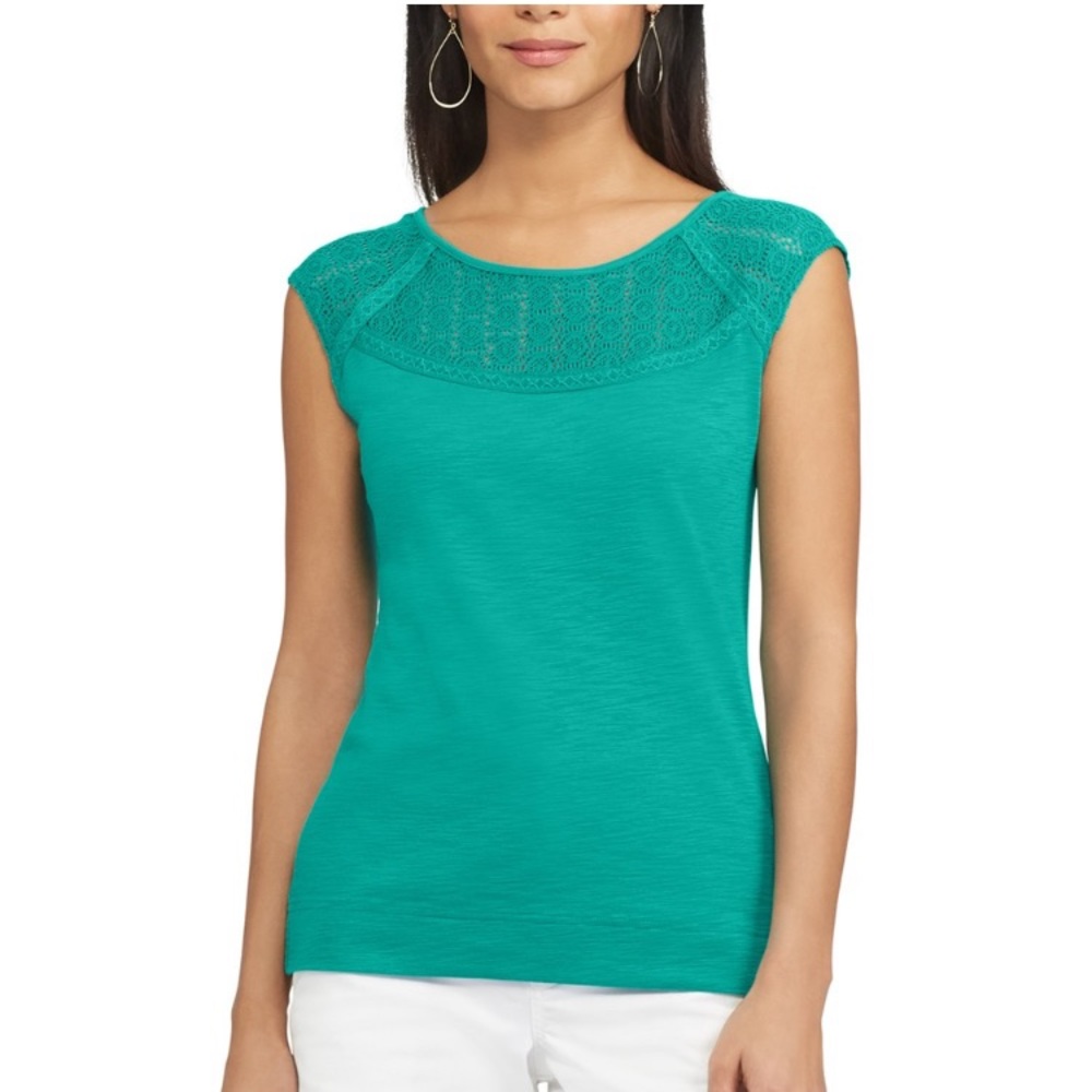 CHAPS Lace-Trim Summery Short Sleeve Blouse Top in Beach Aqua Teal Women’s